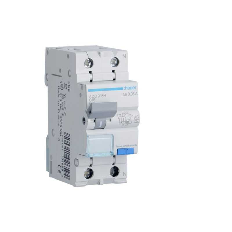 Magnetotermico Differenziale 1 Polo+N 16A 30MA AC 6KA Hager ADC916H