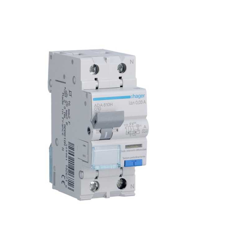 Magnetotermico Differenziale 1 Polo+N 10A 30MA A 4,5KA Hager ADA810H