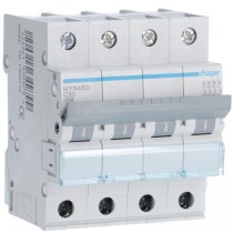 Magnetotermico 4 Poli 50A 4,5KA C 4 Moduli Hager MYN450