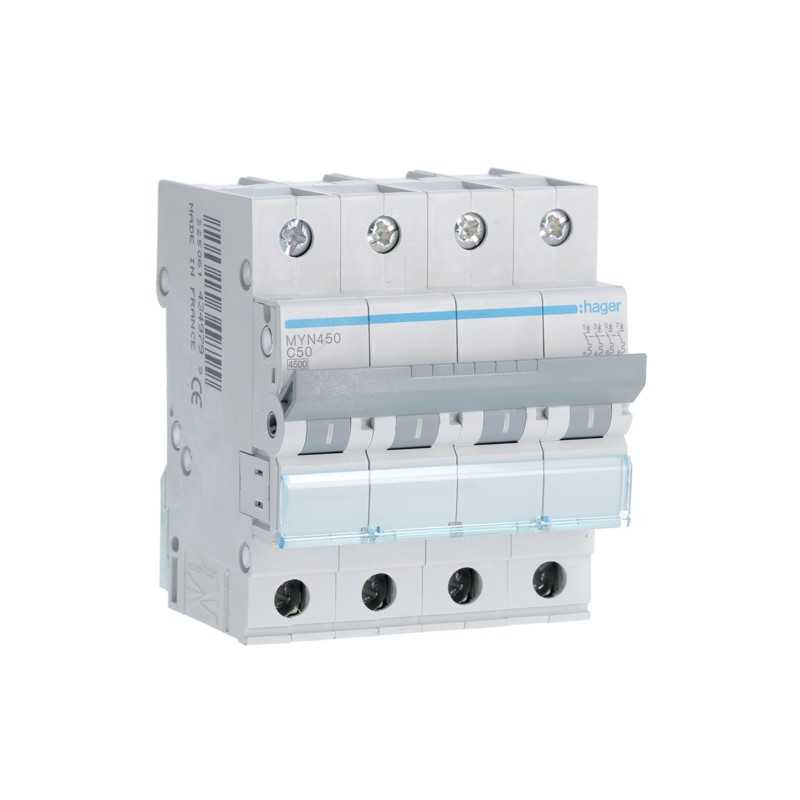 Magnetotermico 4 Poli 50A 4,5KA C 4 Moduli Hager MYN450