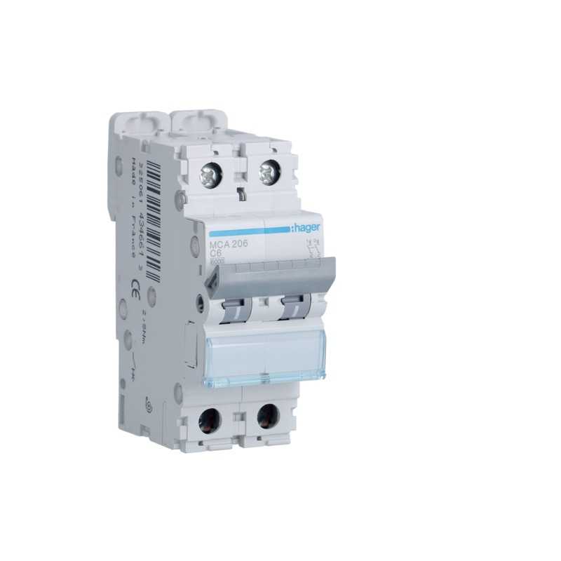 Magnetotermico 2 Poli 6A 6KA C 2 Moduli Hager  MCA206