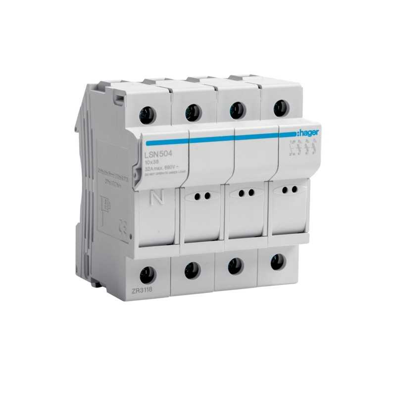Portafusibile 10X38 3 Poli + N 4 Moduli Hager LSN504