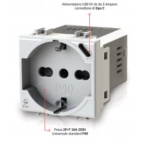 Presa Schuko/Bipasso + Alimentatore USB da 3A  per Vimar Arkè 4Box 4B.V19B.P40.USB