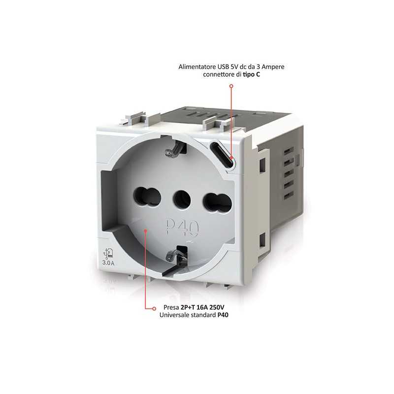 Presa Schuko/Bipasso + Alimentatore USB da 3A  per Vimar Arkè 4Box 4B.V19B.P40.USB