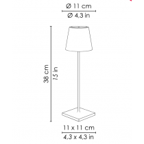 Poldina Zafferano di colore rame 12 ore di autonomia Dimmerabile LD0340RFR con base di ricarica dimensioni