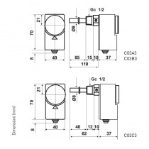Dimensioni Termostato con guaina ad immersione serie C03 Fantini e Cosmi C03A3