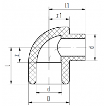 Riferimento dimensioni raccordo a gomito 90 gradi con attacchi M/F 20mm Acquatherm 1080020061