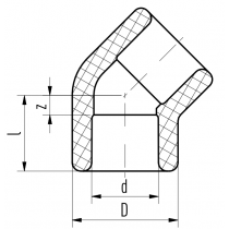 Riferimento dimensioni Raccordo a gomito a 45 gradi con attacchi FF 90mm Aquatherm 1080090009
