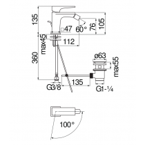 Riferimento dimensioni Miscelatore lavabo con scarico 1 1/4" Eco Nobili Carlo SEE124119/1CR