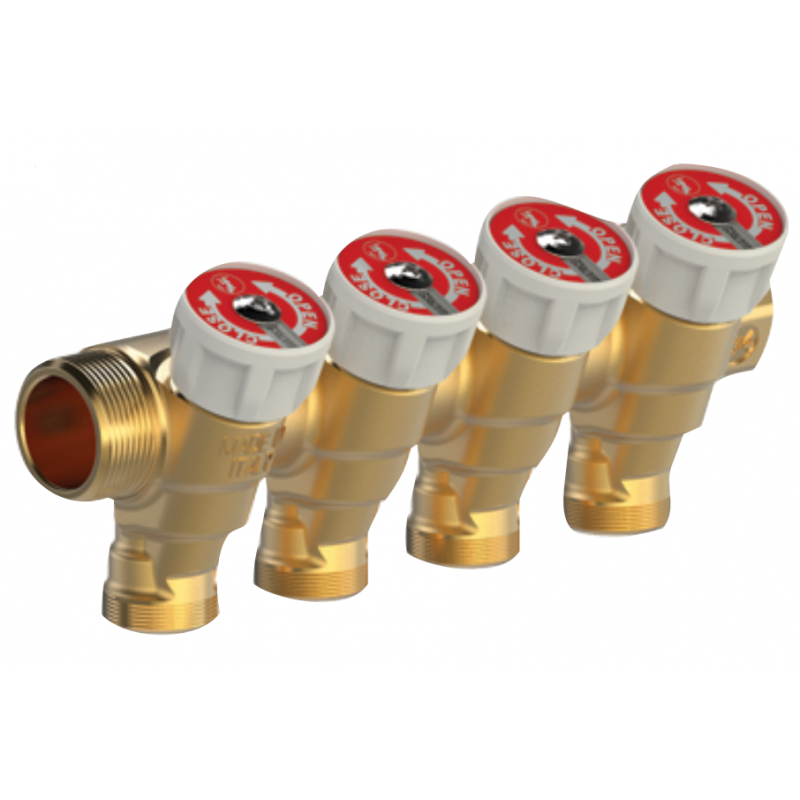 Collettore componibile in ottone 3/4" maschio femmina con 4 rubinetti 1/2" GIACOMINI R585CY064