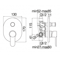 Miscelatore ad incasso per doccia cromato monocomando 2 vie con deviatore serie Sand NOBILI CARLO SA99100CR Dimensioni