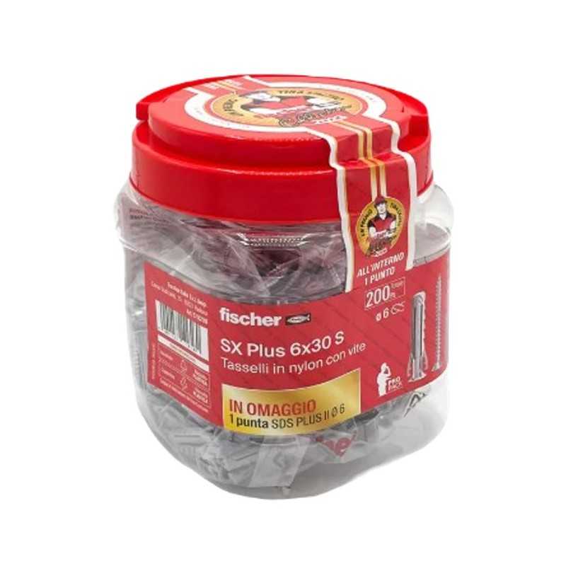 Barattolo tasselli 6x30mm con viti 200 pezzi SX Plus 6x30 S + 1 punta SDS Plus 6mm FISCHER 00570206