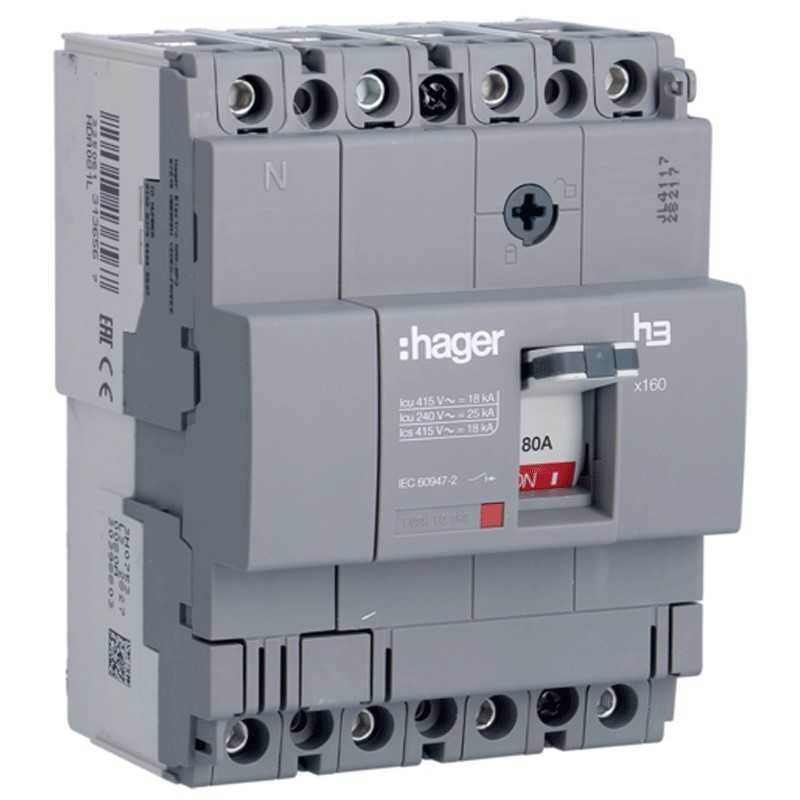 Interruttore sganciatore termomagnetico 80A 18kA 4 poli Hager HDA081L